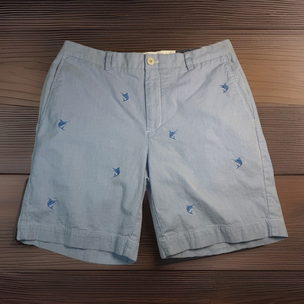 Vineyard Vines Seersucker Marlin Embroidered Shorts 8" Size 35 Blue White Chino
